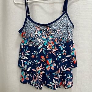 Maxine of Hollywood Blue Floral Tankini Top, Size 12 EUC